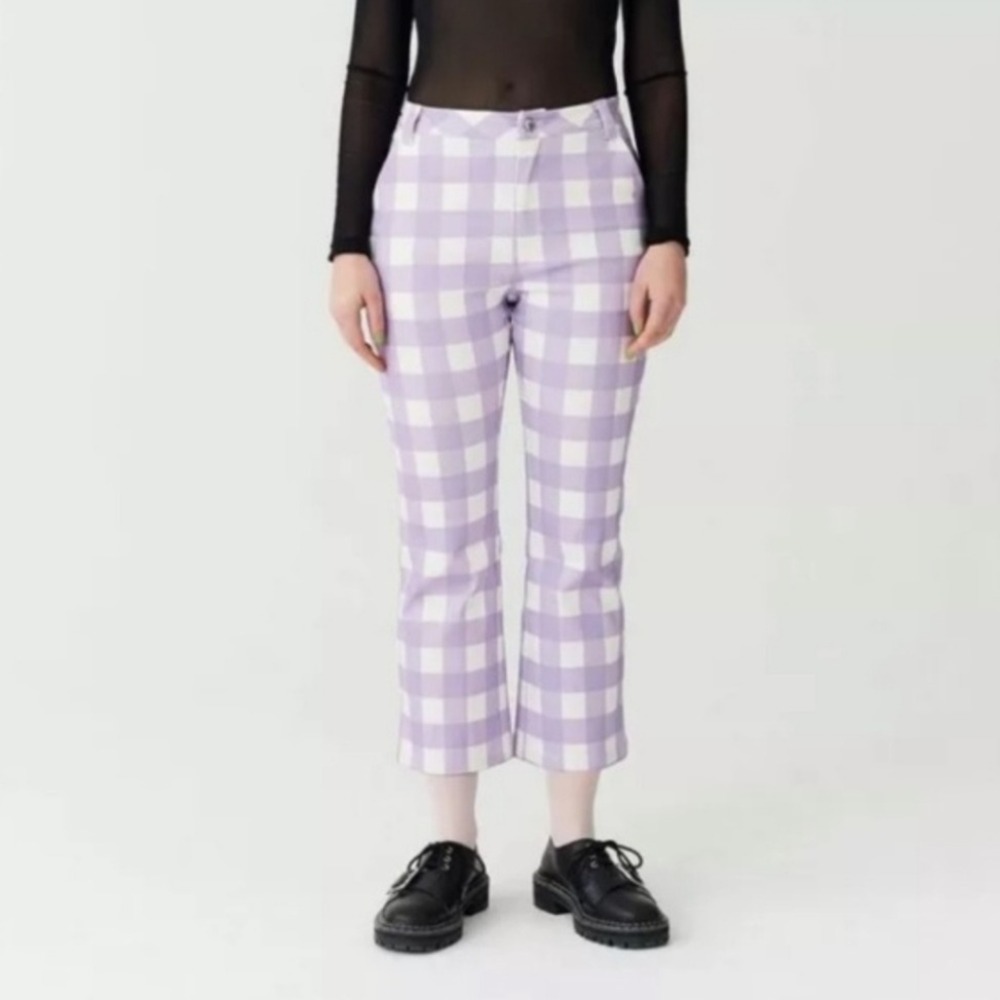 Lazy Oaf Esther Gingham Picnic Crop Trousers Pants Purple Women's Size 26